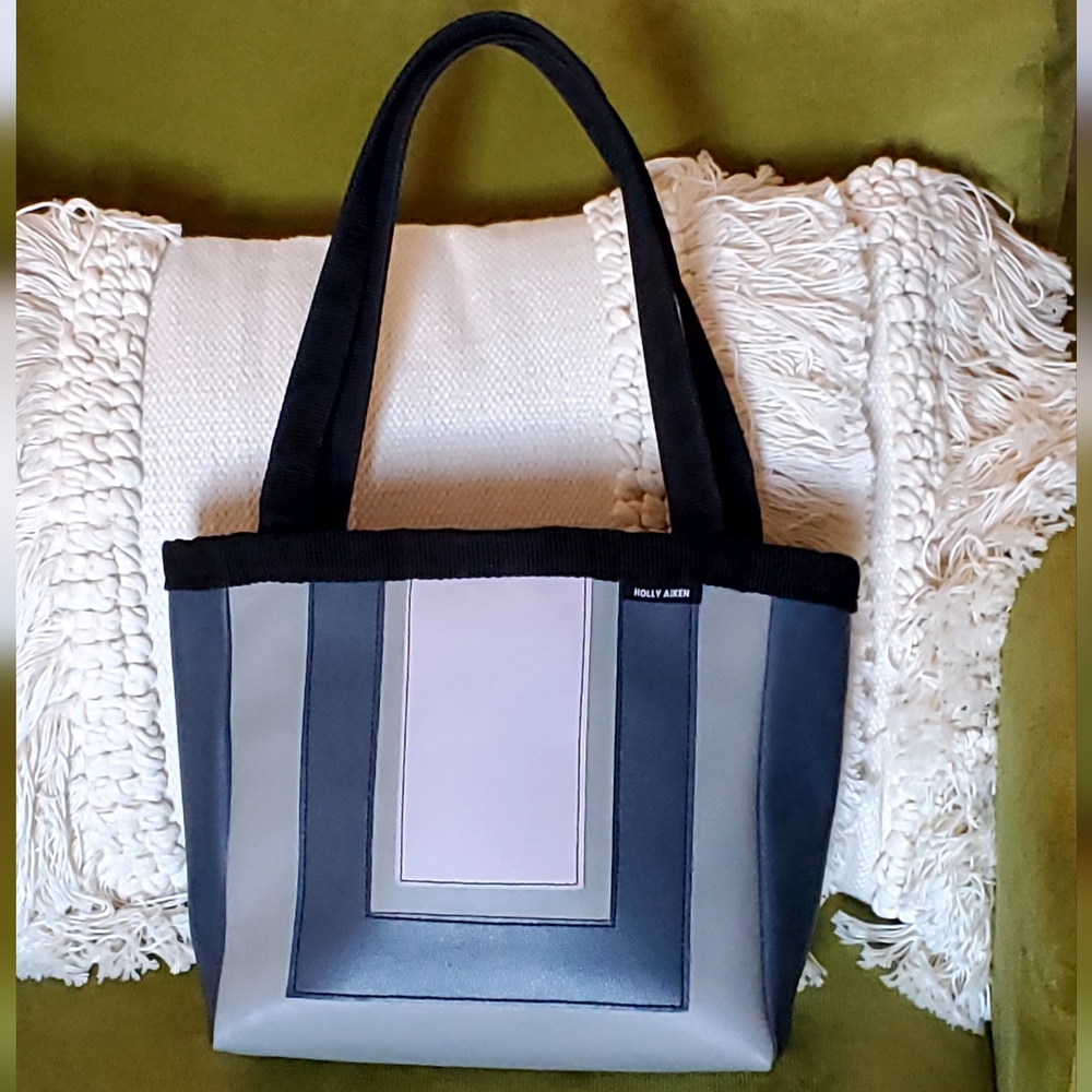 Holly Aiken Vegan Leather Tote Shoulder Bag, Blue/Gray/Lilac/Black, EUC